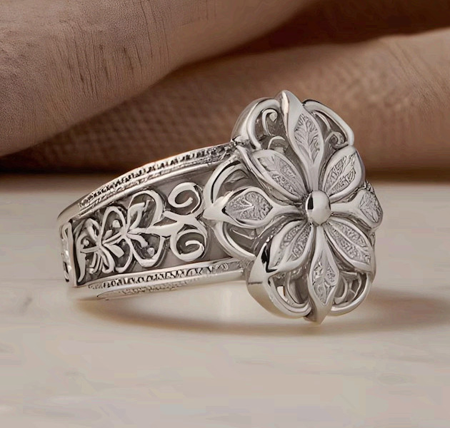 Silver Flower Ring Handmade Filigree Floral Statement Band