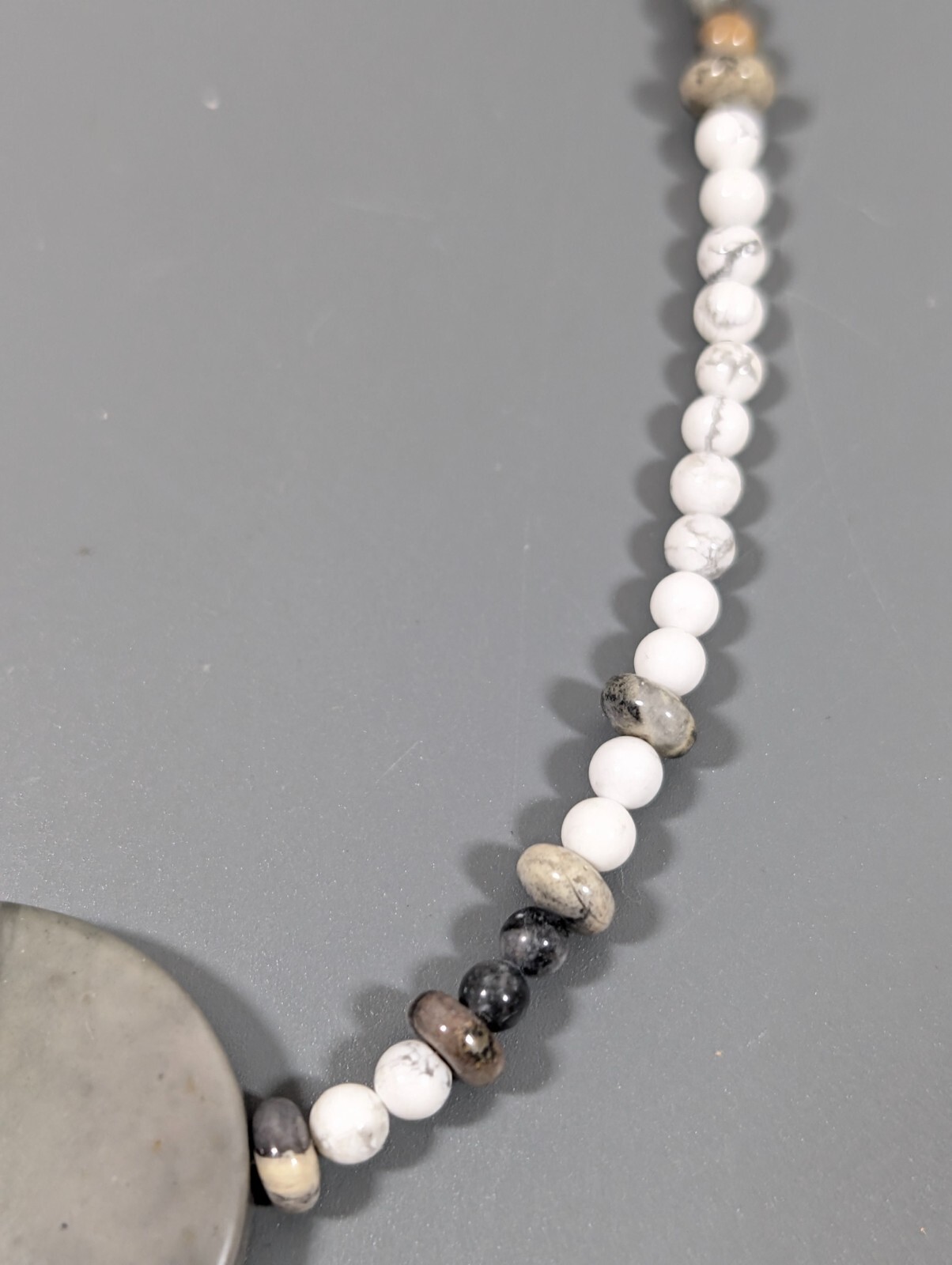 Boho White Gray Marble Stone Round Disc Bead Toggle Necklace Coastal Beach 18 in