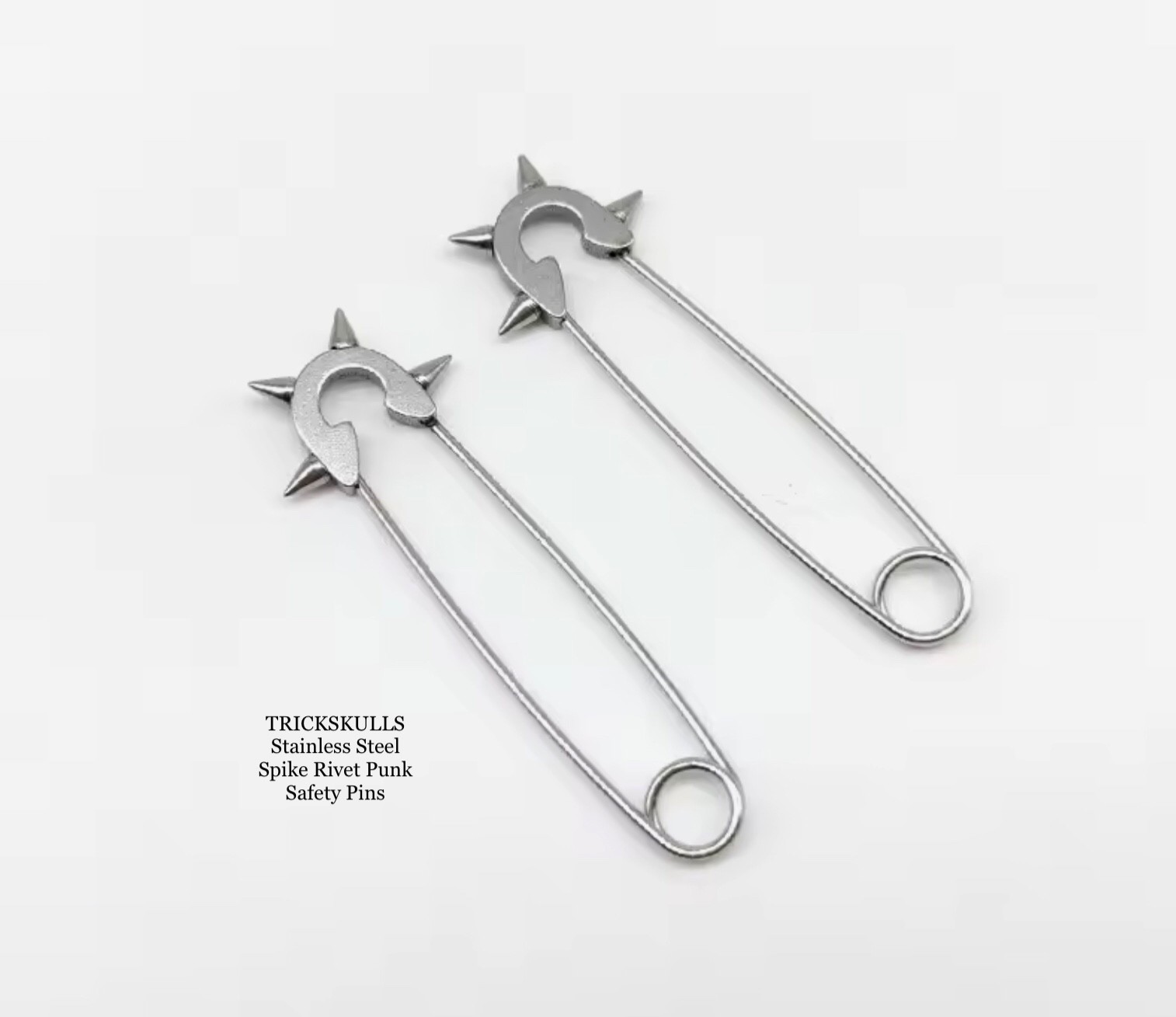 (2) Punk Rivet Spikes Stainless Steel Safety Pins Silver 1 1/2 inch Spiked Retro