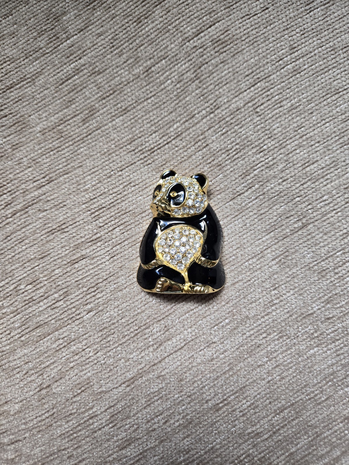 Vintage Trifari Gold Tone Black Enamel Rhinestone Pondering Panda Brooch Pin