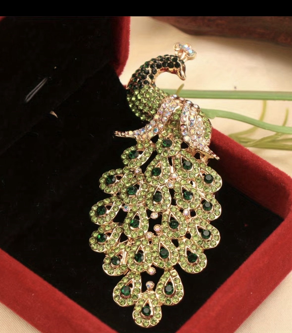 Peacock Green Rhinestone Brooch Pin Elegant Statement Jewelry