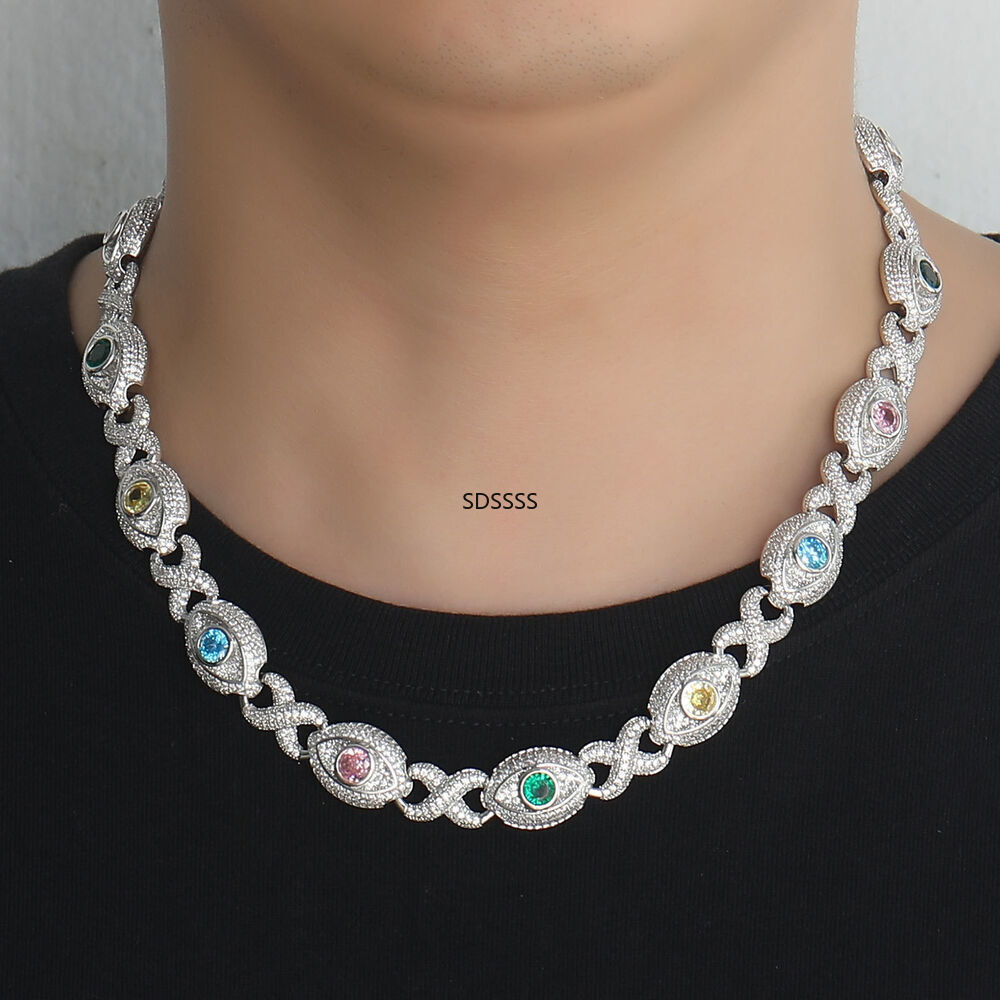 Cuban Chain Necklace Bracelets Zircon Mens Jewelry Hip Hop Colorful Eye