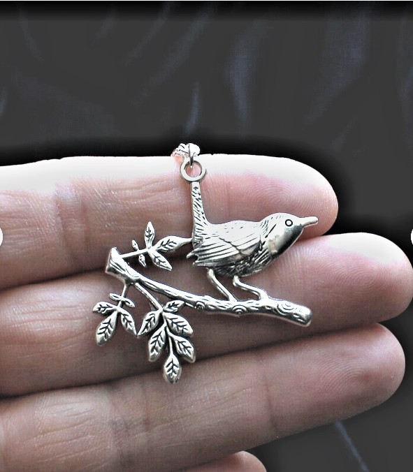 largeTREE BRANCH BIRD Pendant 925 Sterling Silver 18″ Necklace Women Mom Gift