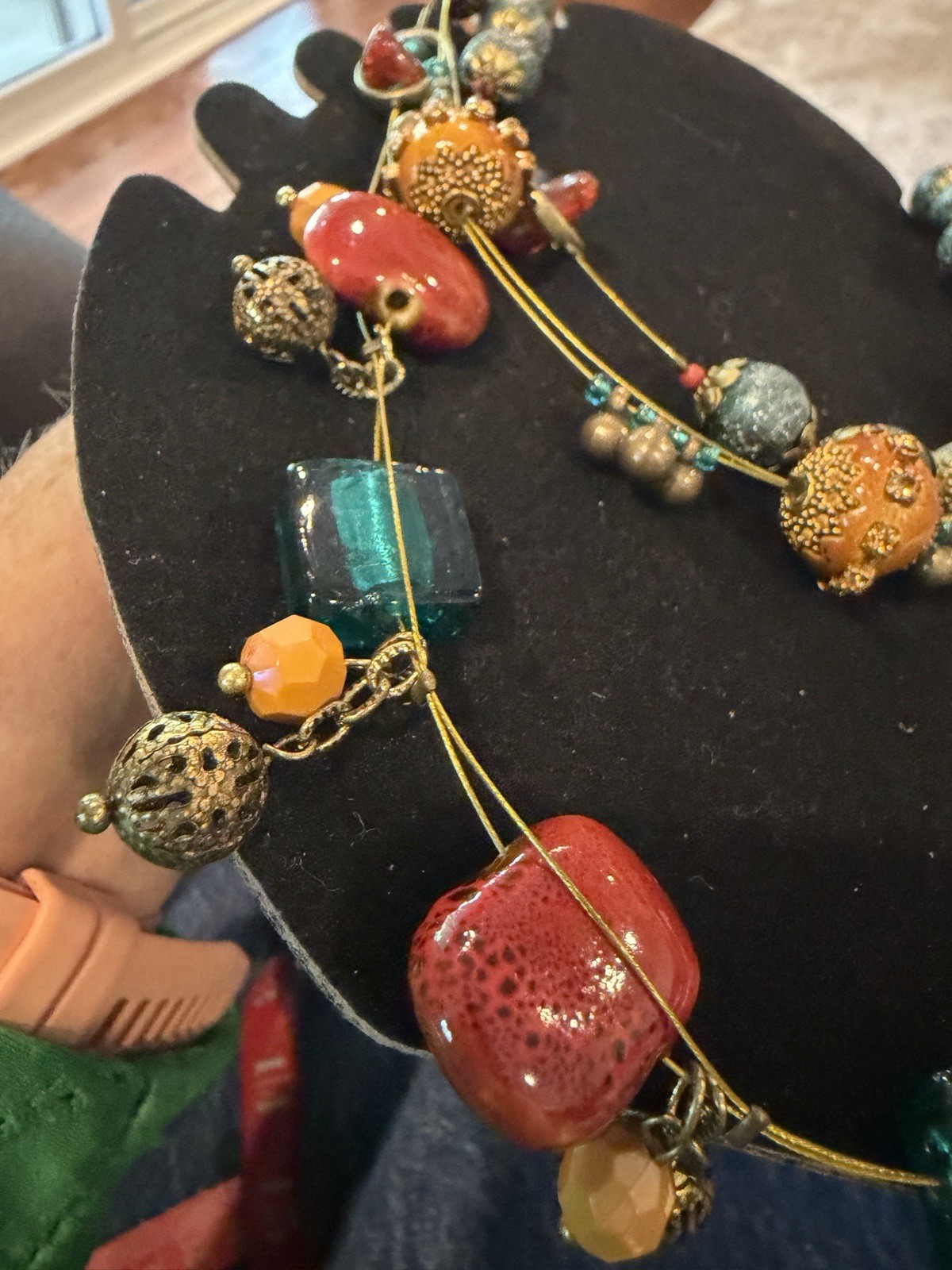 Treska multicolor beaded statement layered necklace glass brass lobster closure