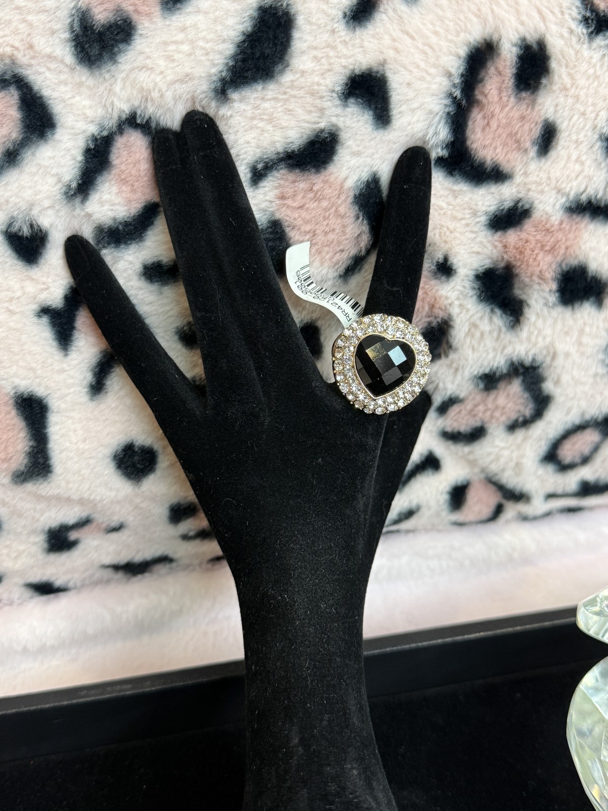 Gold Tone Statement Cocktail Ring Black Heart Stone Crystal Rhinestone Halo