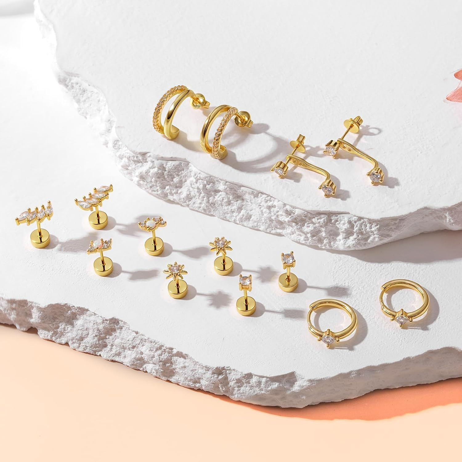 Gold Flat Back Earrings Stacks Hypoallergenic Cartilage Earrings for Women,20G L