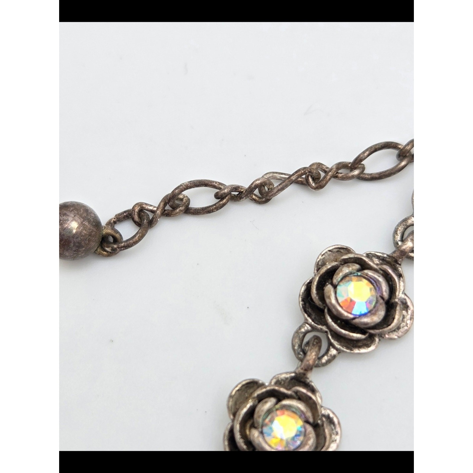 Premier Designs Antiqued Silvertone Rose Link Necklace AB Rhinestones 18″
