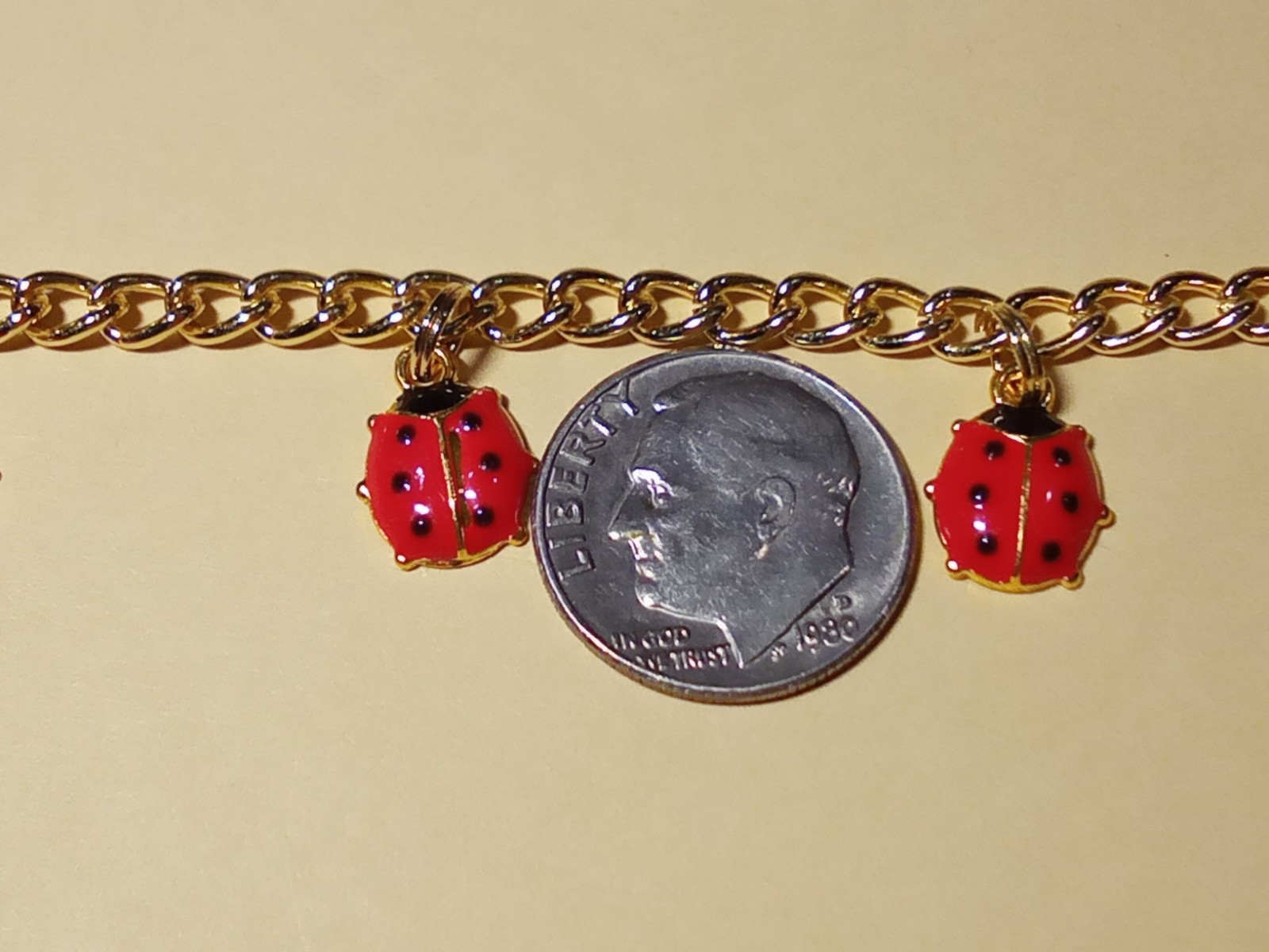 Ladybug Bracelet Gold tone chain 5 red black enamel charms ext chain Summer CUTE