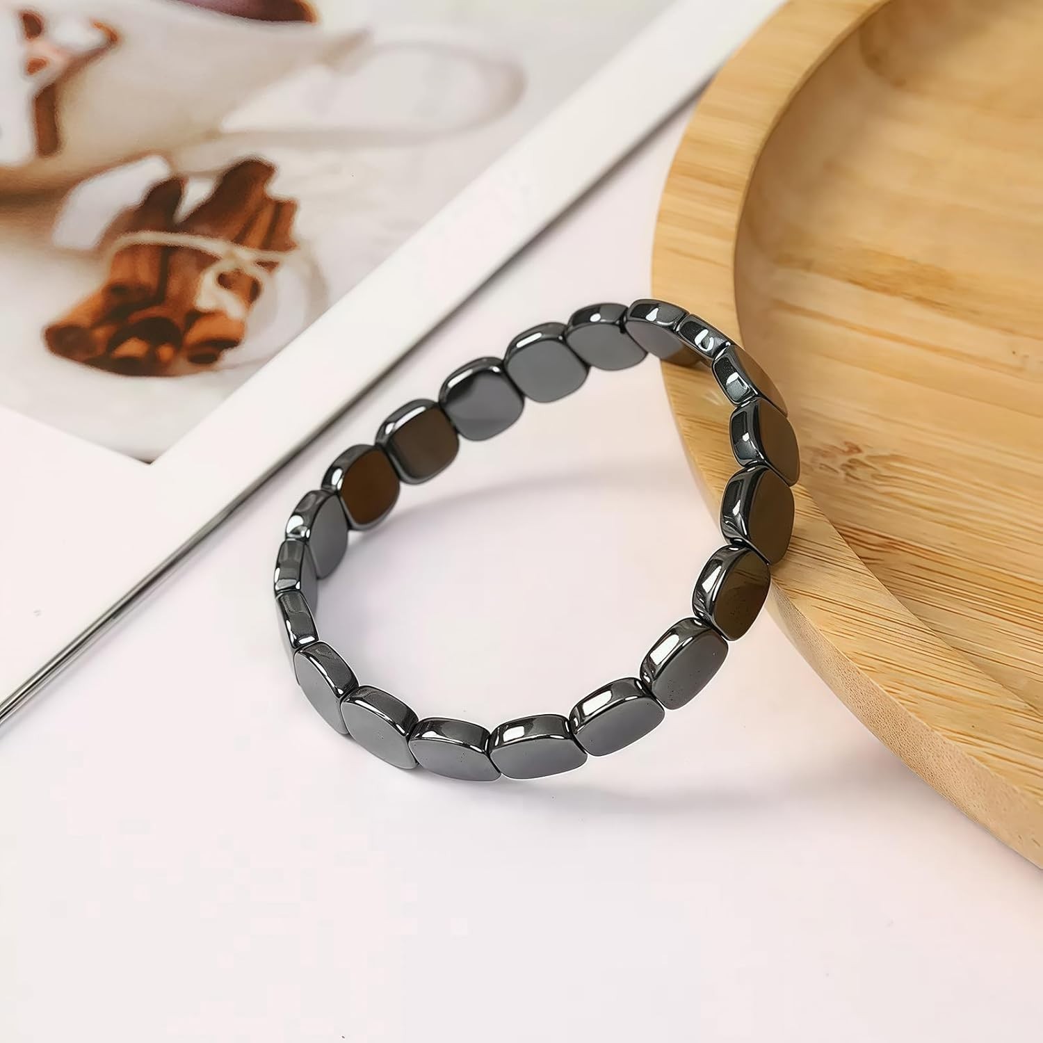Hematite Bracelet for Men Natural Stone Beads Elastic Therapy Confidence Gift