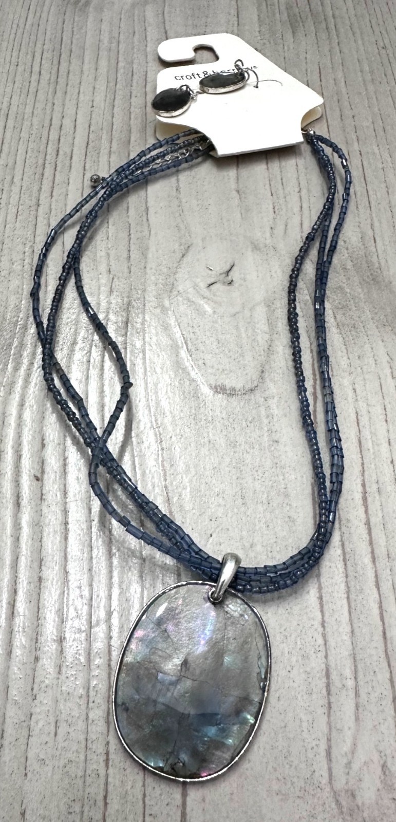 Croft Barrow Blue Gray Beaded Necklace Faux Abalone Pendant and Earrings