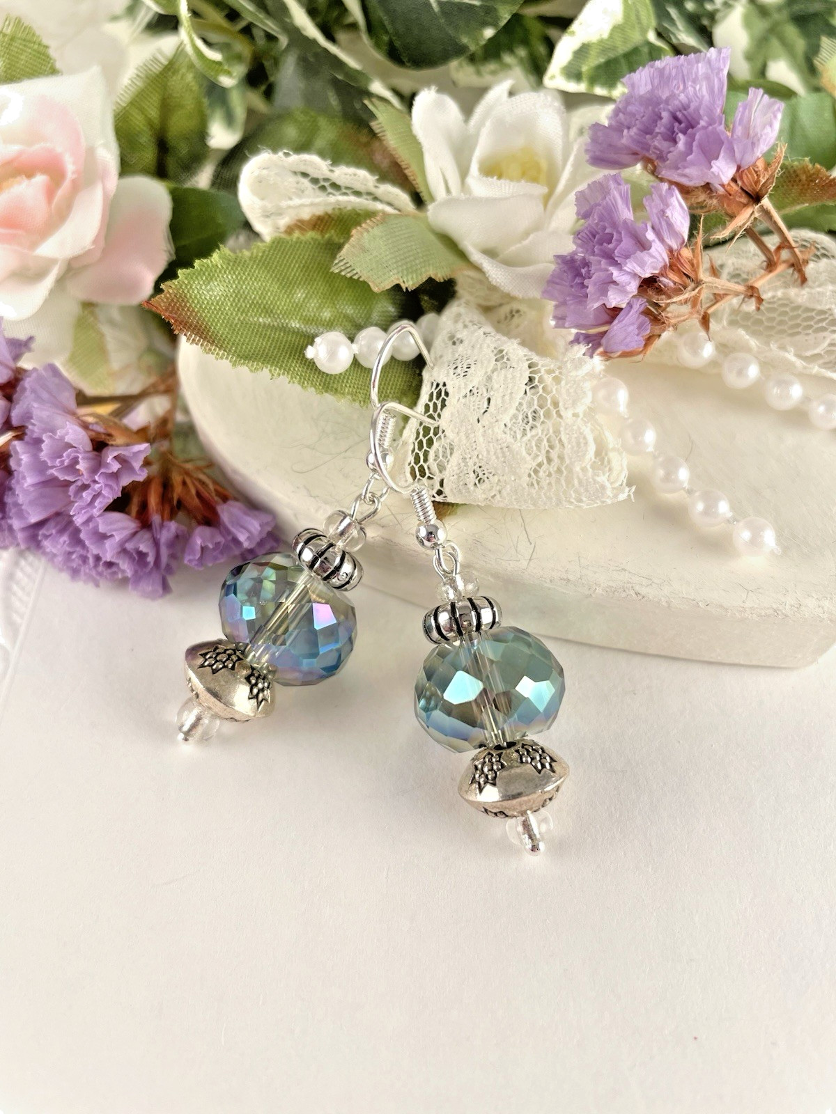 Round Octagon Blue Purple Crystal Silver Hook Earrings Handmade Artisan Jewelry