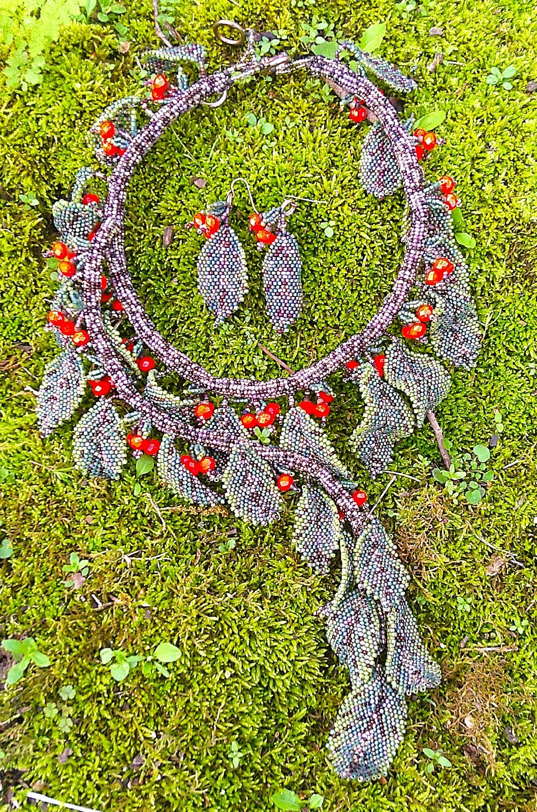 Gay Huntley Rowan Bough Beadwoven Double Branch OOAK Necklace & Earrings