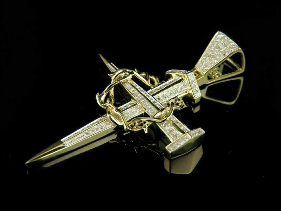 1.55Ct Simulated Diamond Charm Nail Cross Pendant 14K Yellow Gold Plated Silver