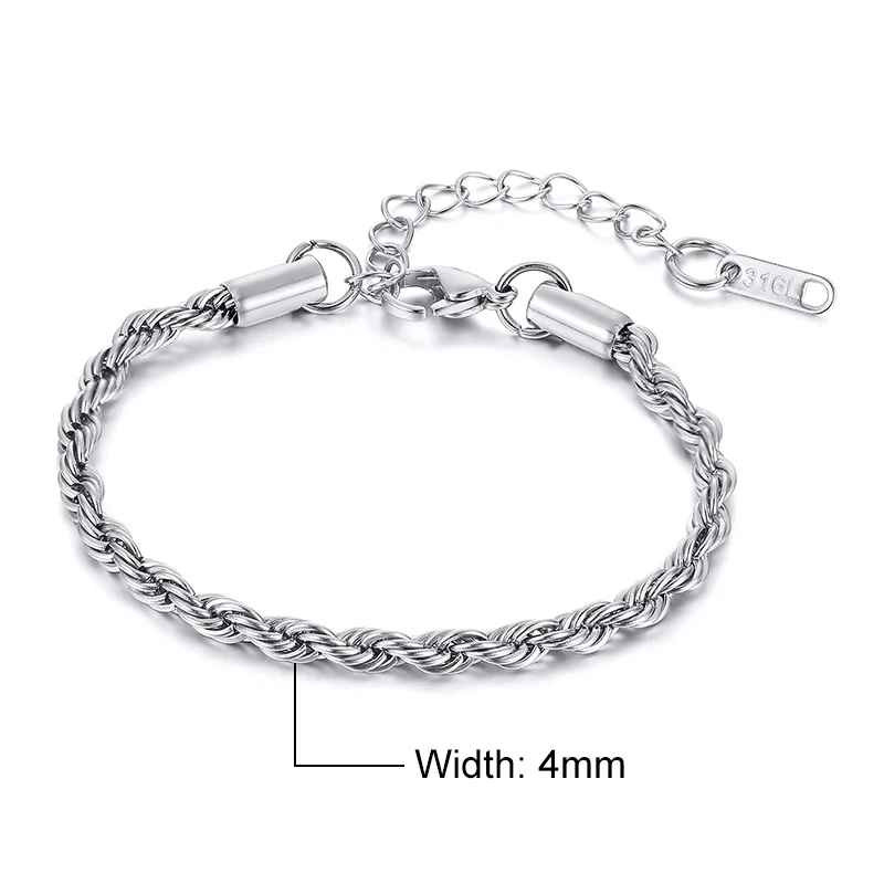 Unisex Rope Chain Bracelets for Men Women, Stainless Steel Twisted Links Chain