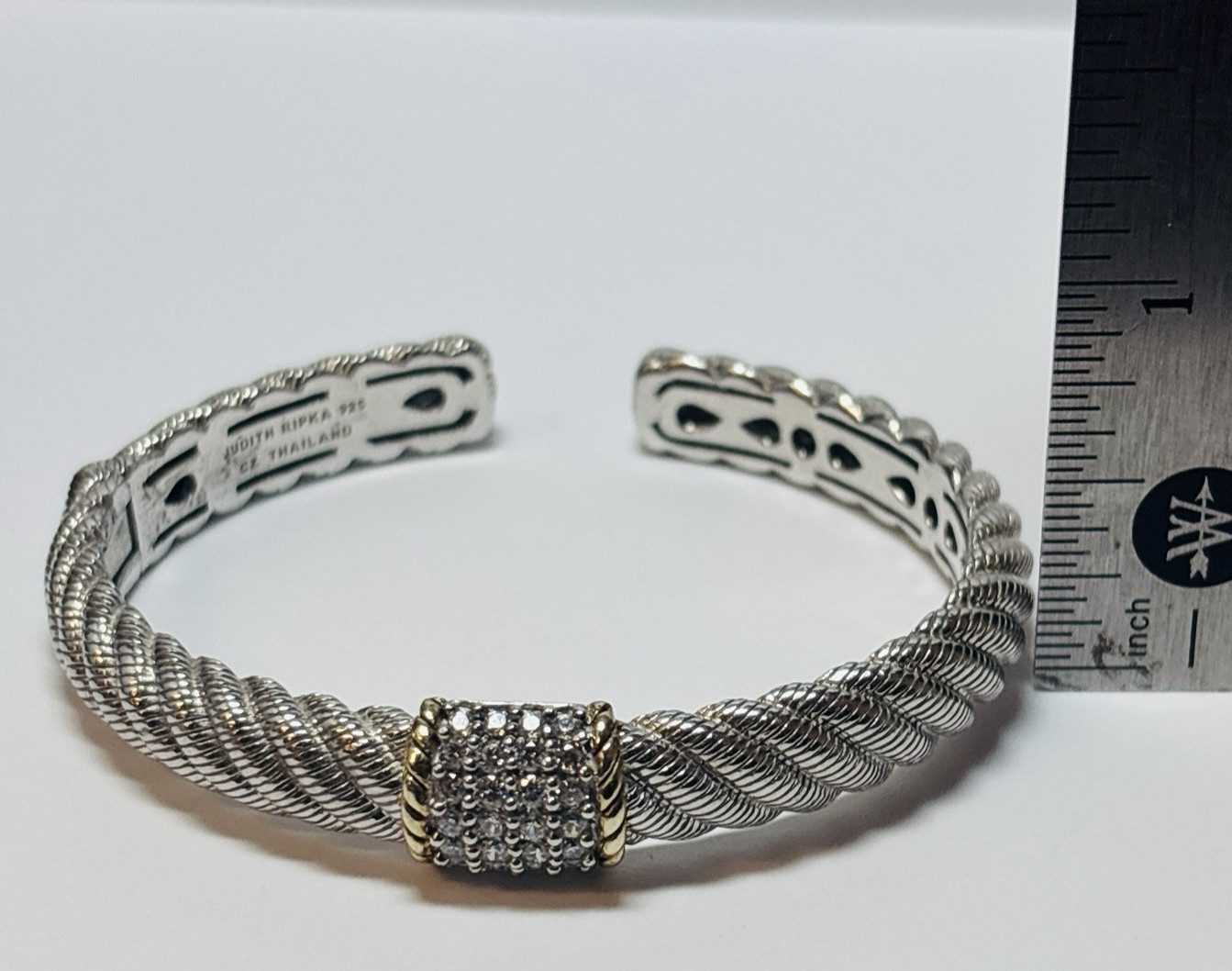 Judith Ripka Sterling 925 Silver Two Tone CZ Cable Cuff Bracelet 6 in-.95