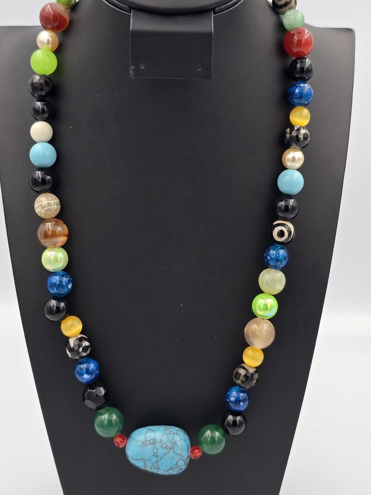 Colorful Multi Gem Stone Beaded Necklace Turquoise Style Center Bead