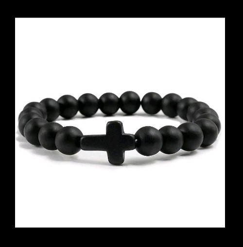 Charm Natural Stone Bracelet Cross Black Lava Matte Beaded Bracelets Handmade