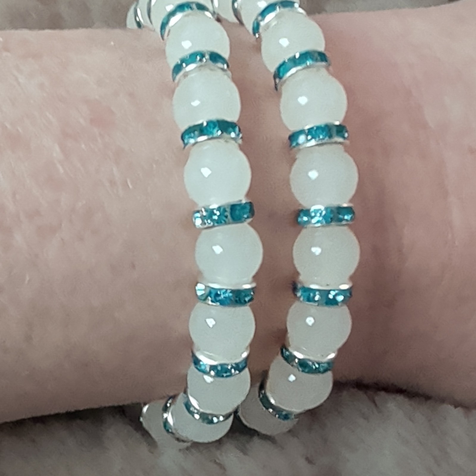 White Beaded Stretch Stackable Bracelets w/ Blue Spacer Rings Round Set of 2