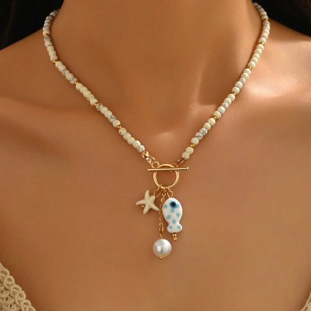 Boho Starfish beach Necklace Handmade Beaded Pearl Ceramic Fish Pendant Women