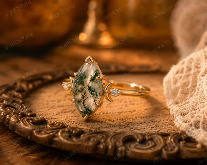 Lab Created Green Moss Agate Ring, Base Metal: Brass Finish: Gold Plated