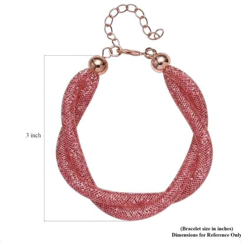 Pink Swarvosky Crystal Twisted Rope Bracelet in Rosetone (9.5-11.5In)