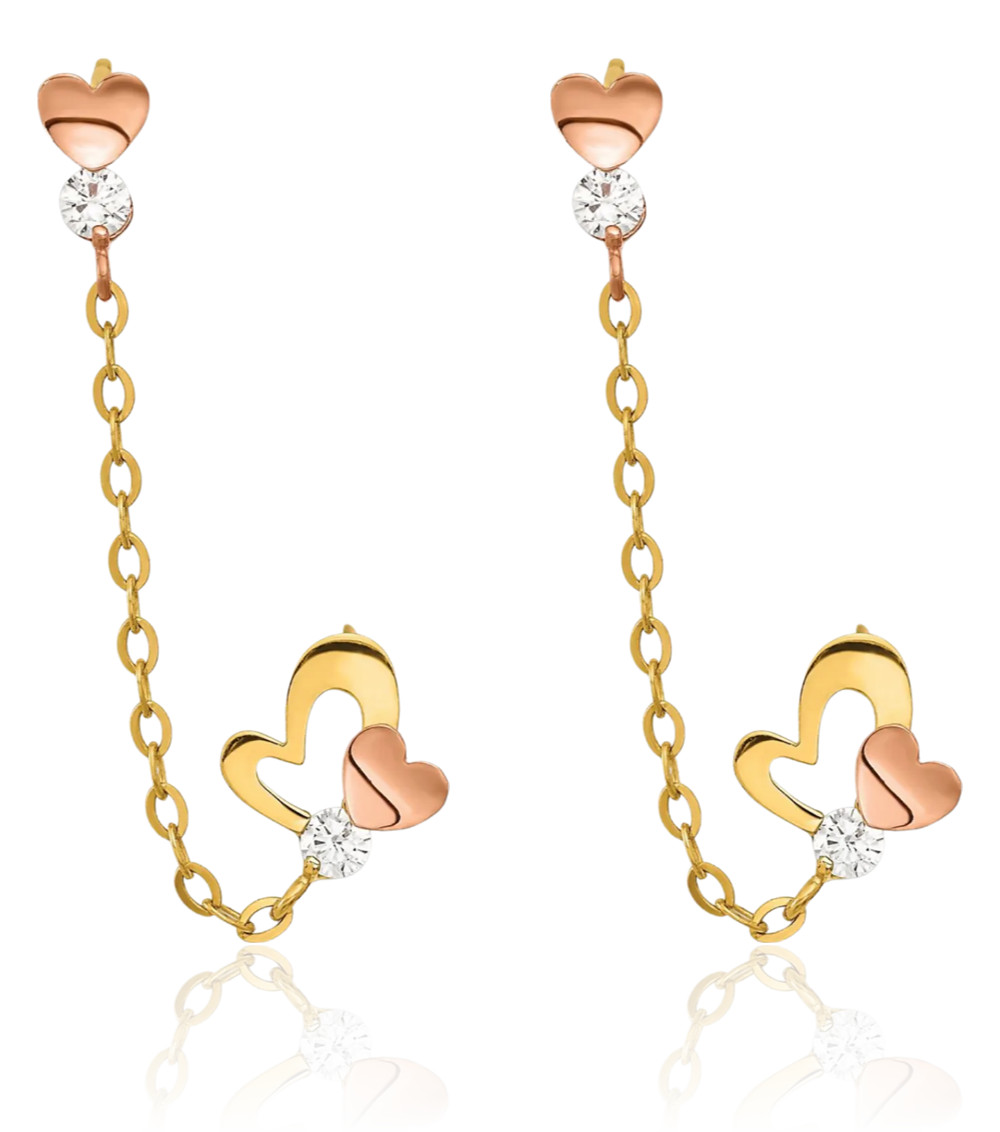 14K Solid Two Tone Gold Cubic Zirconia Long Heart Drop Earrings 42mm 1-5/8 inch