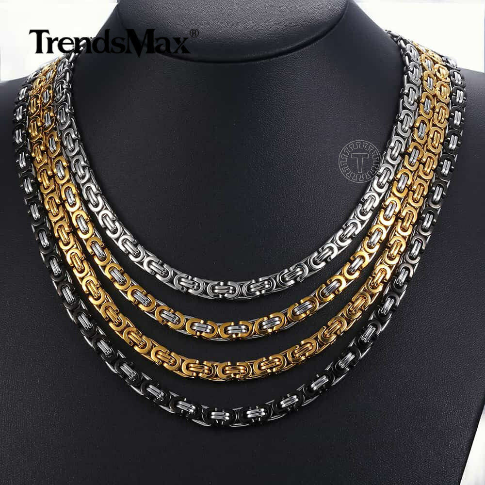 Heavy Black/Silver/Gold Plated Stainless Steel Flat Byzantine Chain Necklace