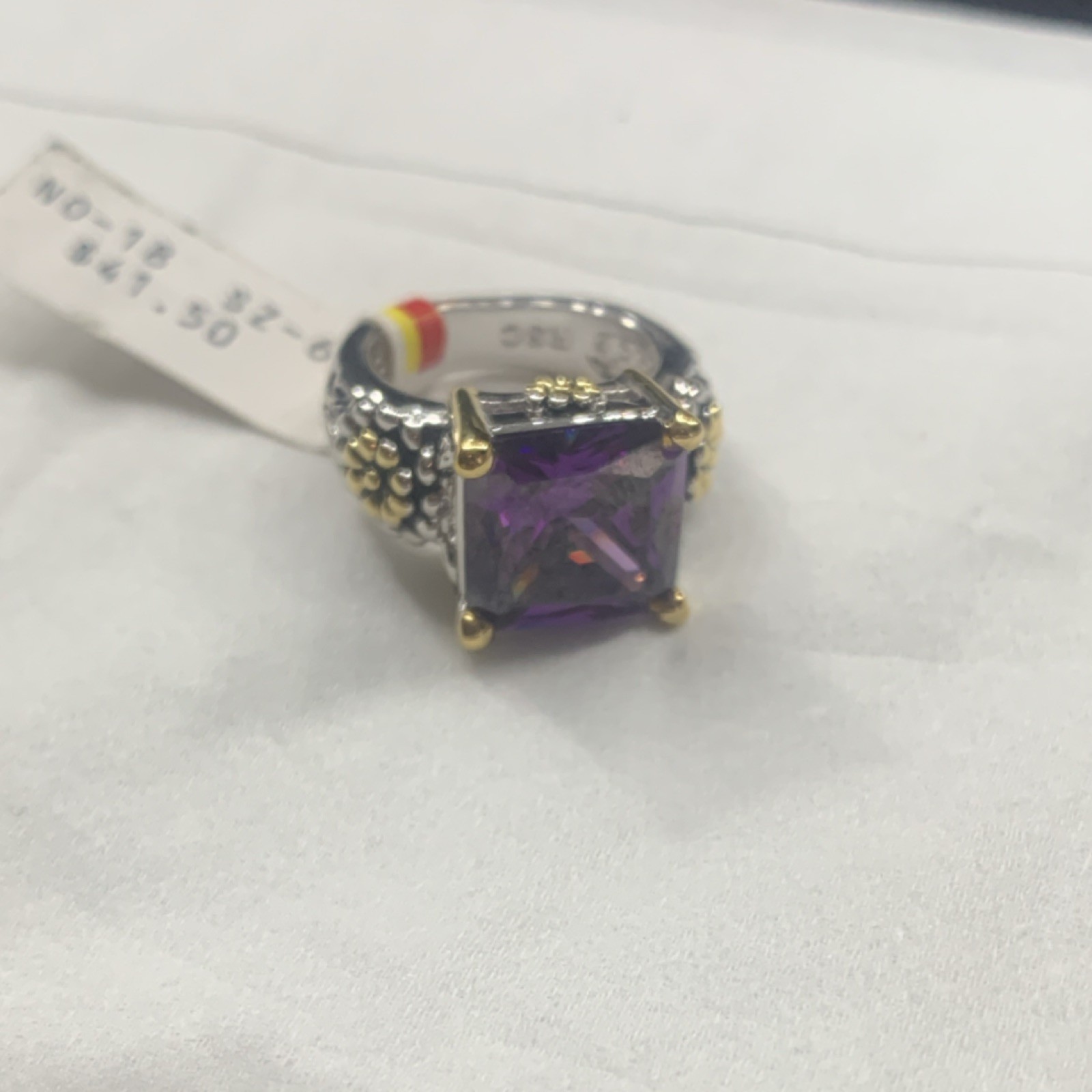 RSC Square Purple Stone Cocktail Ring Size 6 Silver Gold Prong Setting