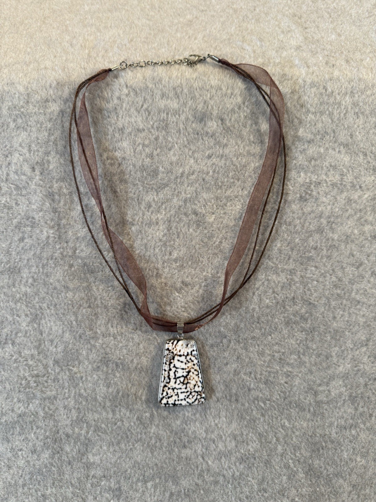 Silk Ribbon Pendant Necklace Women’s 19in. 2-sided Stone Looking Pendant -brown