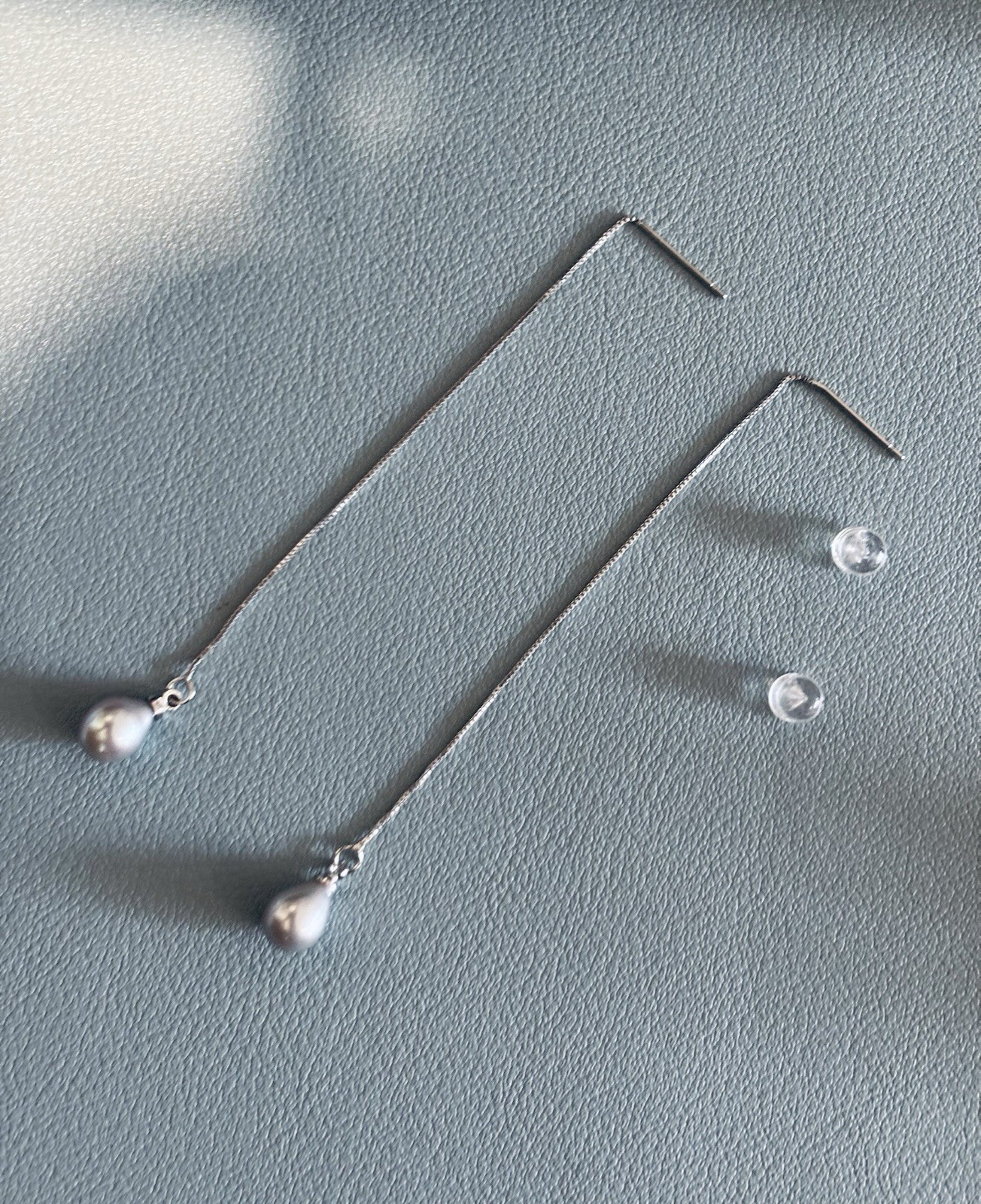 Long Threader Drop Earrings | Silver Grey Teardrop Pearls | Freshwater Pearls