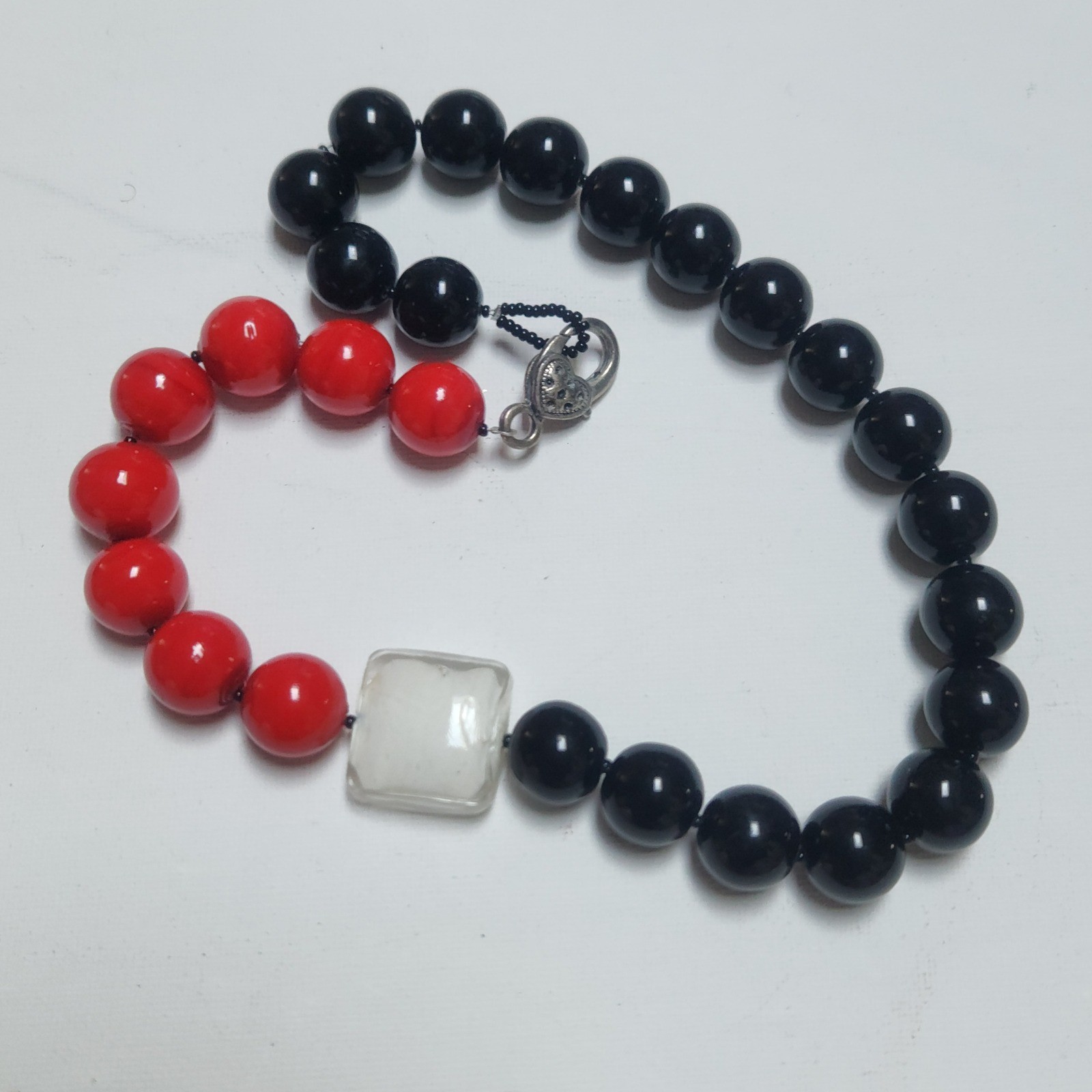 Chunky Glass Necklace Black Red Clear Square Bead Lobster Clasp 18 Inch