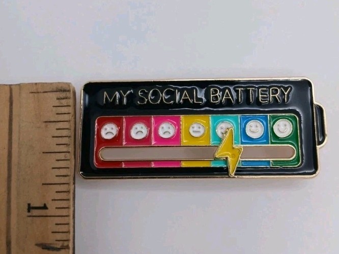 “My Social Battery” Enamel Metal Lapel Pin/Brooch 2-Pack White & Black