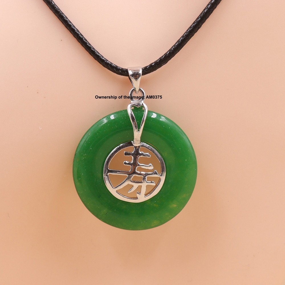 NEW White Alloy Heating Jade Pendant Women Men Green Jade Safe-Circle 寿 Pendant