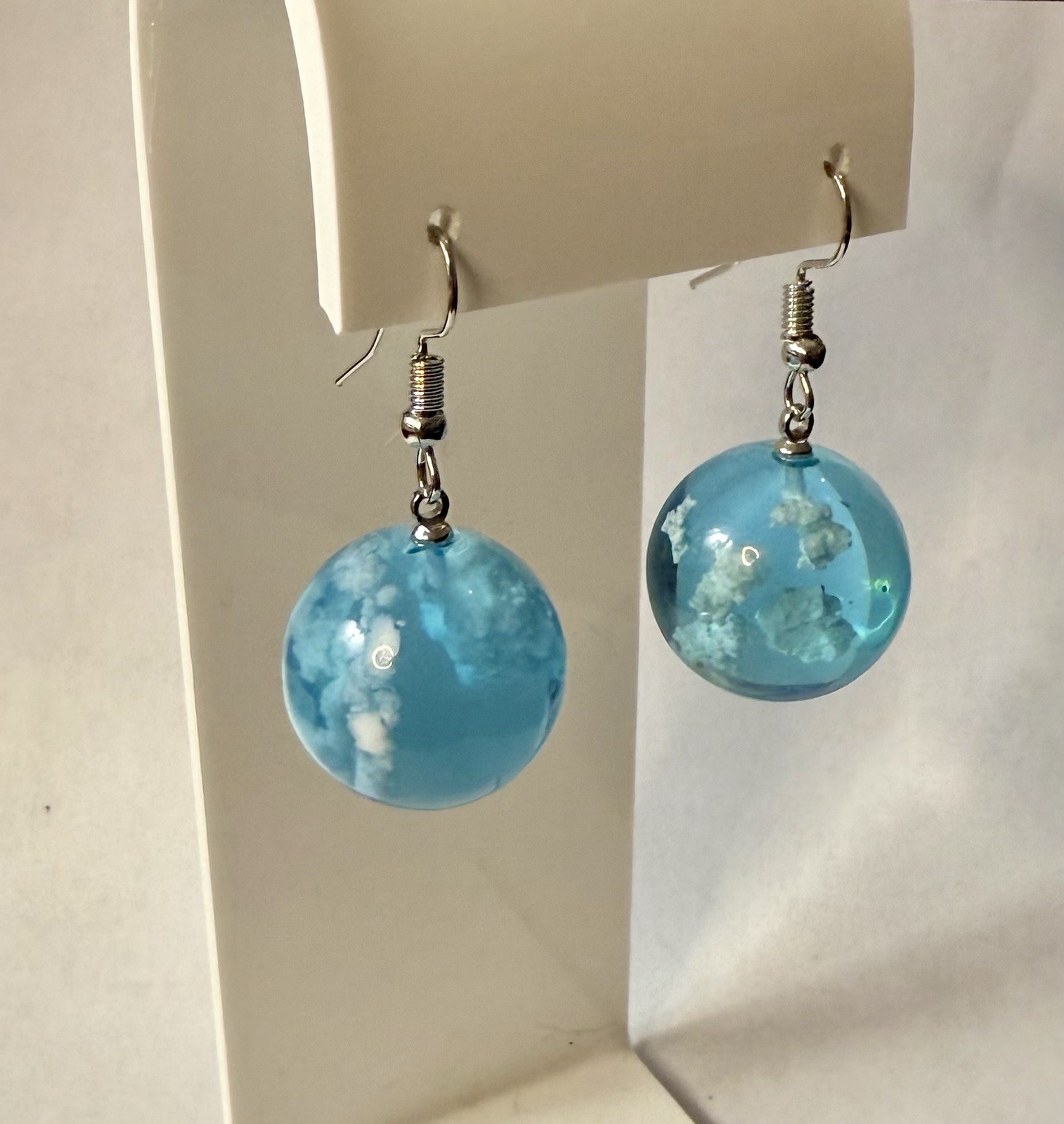 Lucite Blue Sky White Cloud Drop Dangle Pierced Earrings