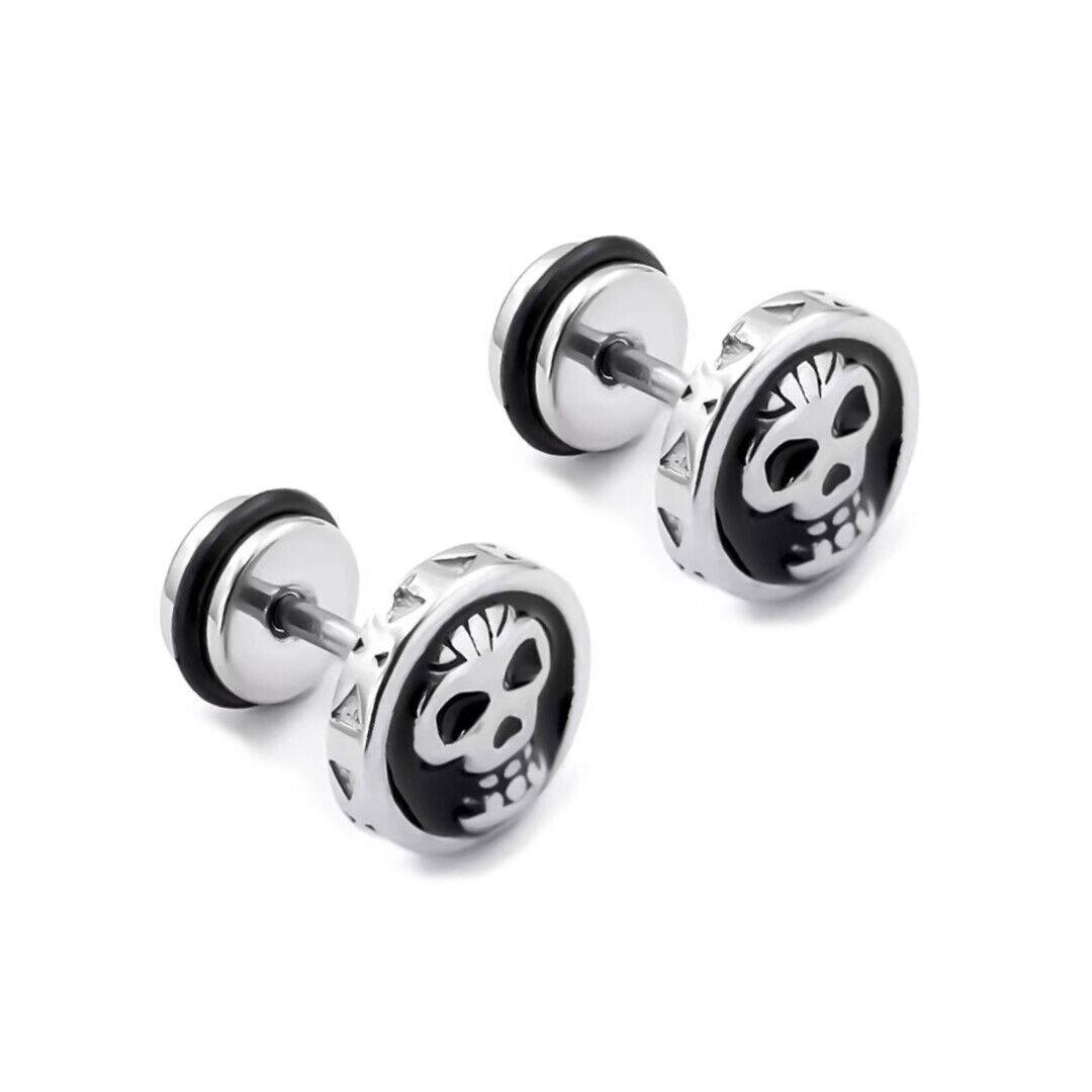Men’s Punk Gothic Black Silver Skull Screw Back Stud Earrings Stainless Steel