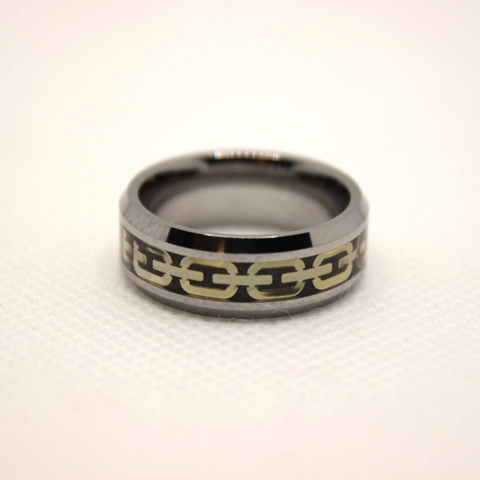 Tungsten Carbide Flat Yellow Chain Link Inlay Beveled Edge Wedding Band Ring 8mm