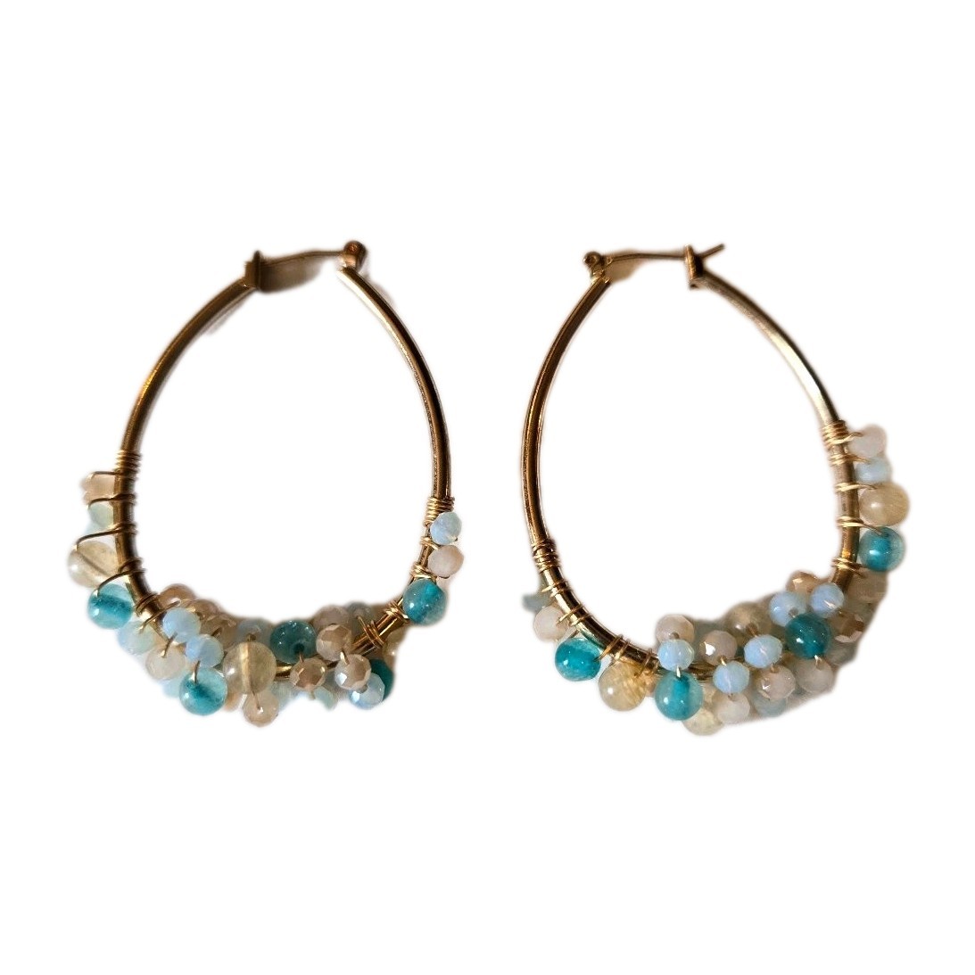 Gold Tone Beaded Hoop Earrings Approx 1.5″ L Aqua Yellow White Faceted Wire