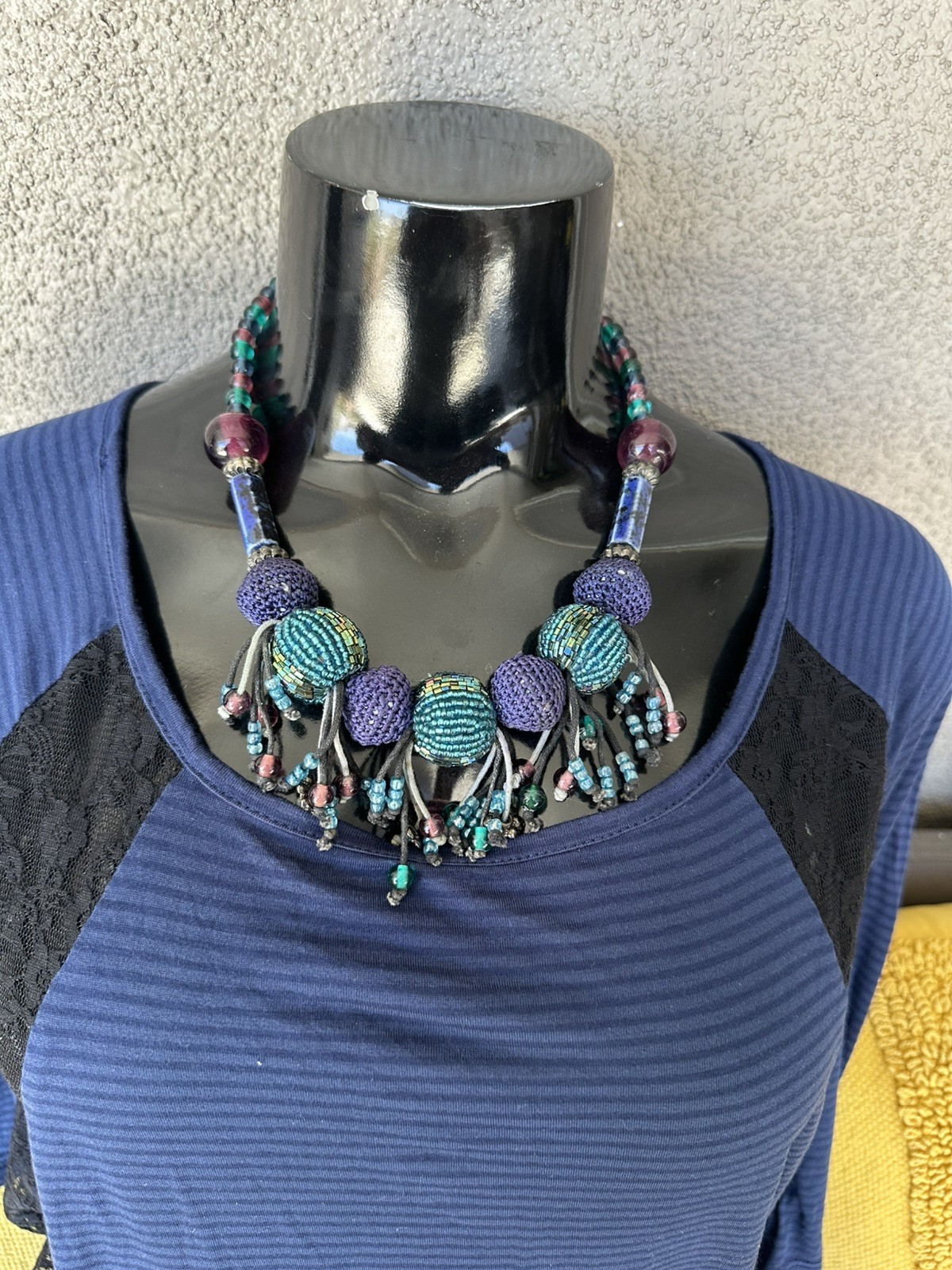 Source Unknown Teal & Purple Beaded fashion Statement necklace