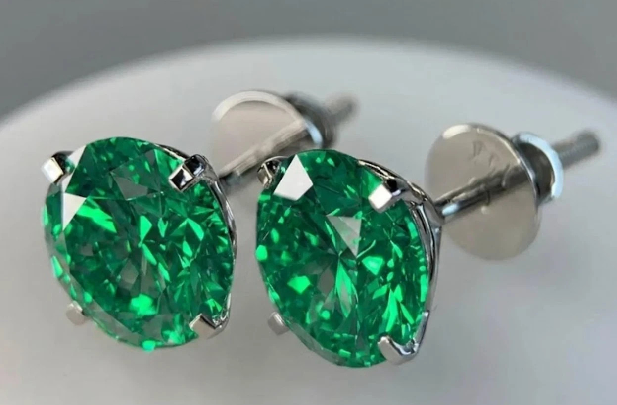 925 Silver, Leaf Green Diamond Solitaire Stud Earrings, 4 Ct Certified Treated