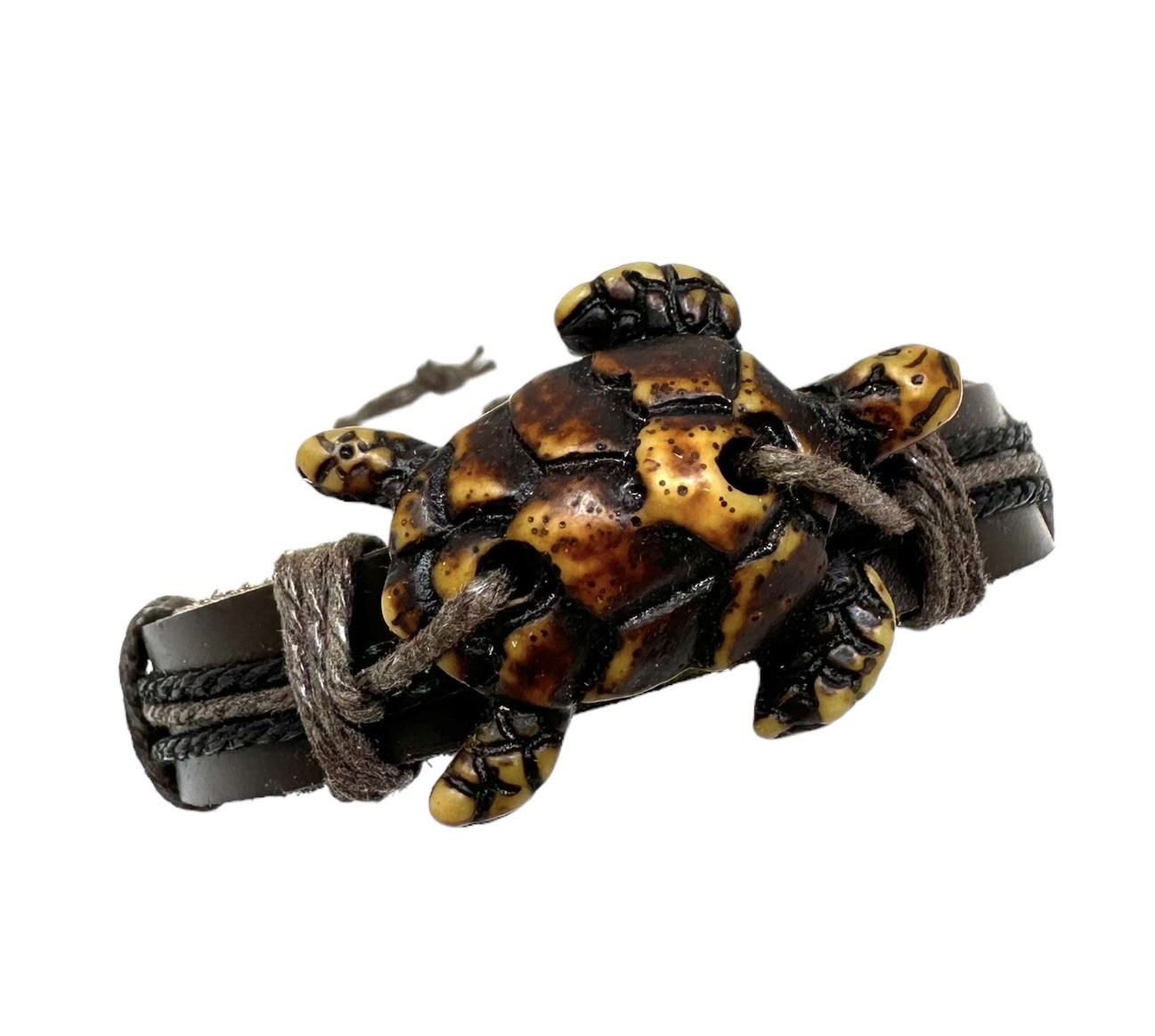 Handcrafted Brown Turtle Bracelet with Adjustable Leather Cord – Unique Jewelry