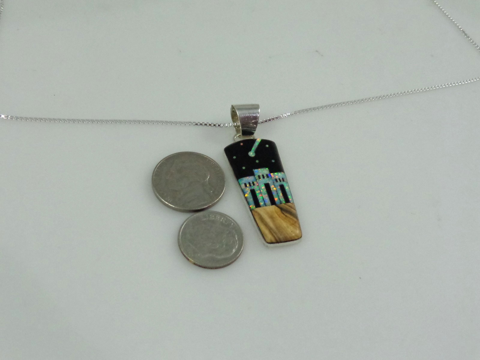Sterling Silver Jasper Starry Night Lab Opal Three Dwellings Pendant Necklace