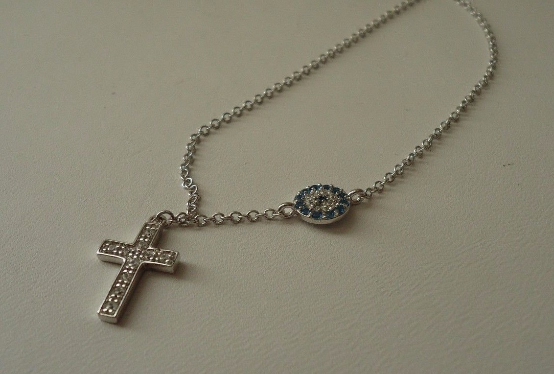 CROSS PENDANT NECKLACE W/ .75 CT WHT/ BLUE LAB DIAMONDS / 925 STERLING SILVER
