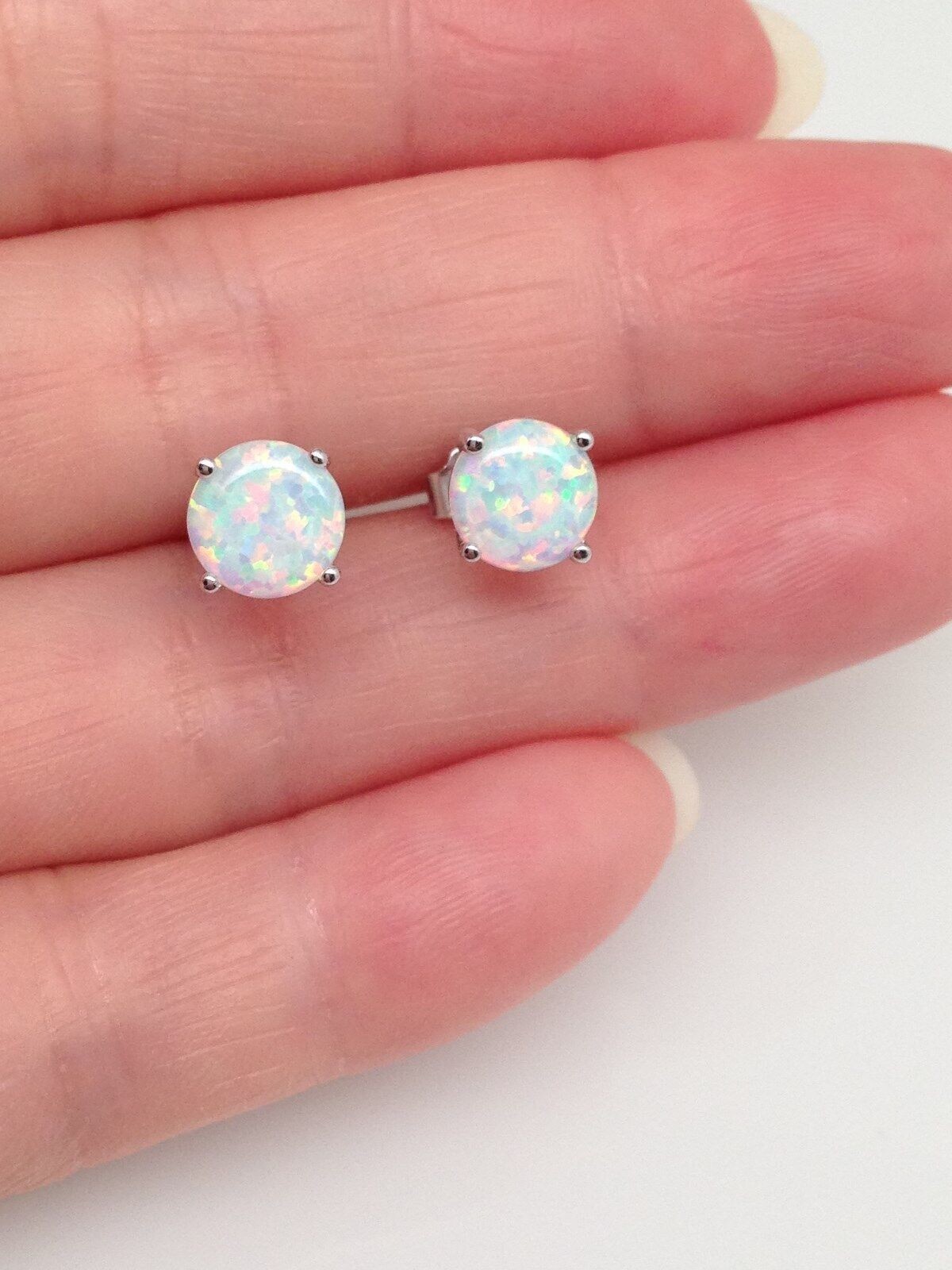 925 Sterling Silver White Opal Stud Earrings Tiny Round Studs 6.8mm
