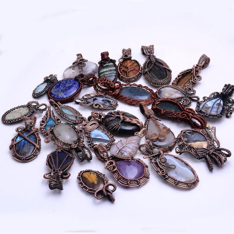 Natural Handmade Mix Gemstone Copper Wire Wrap 10 Pcs Lot Pendant Jewelry Reiki
