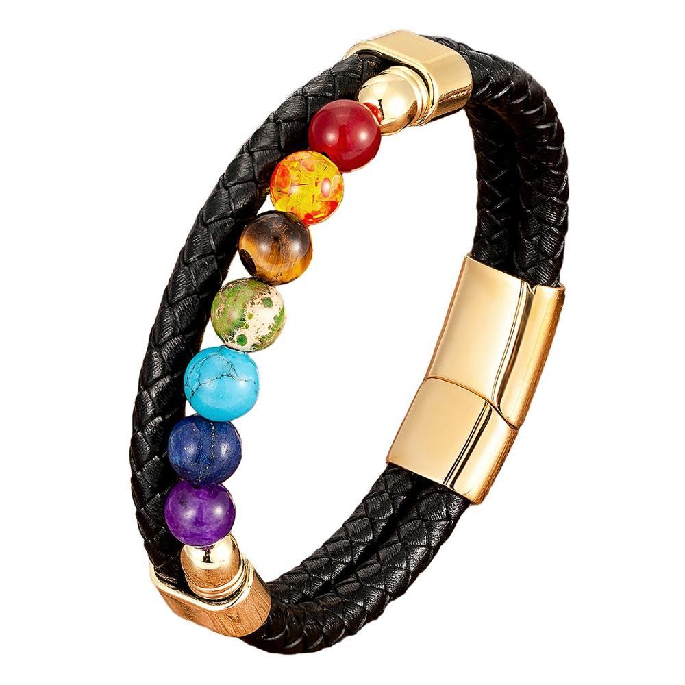 Chakra Bead Stone Bracelet Black Leather Steel Bangle for Men and Women