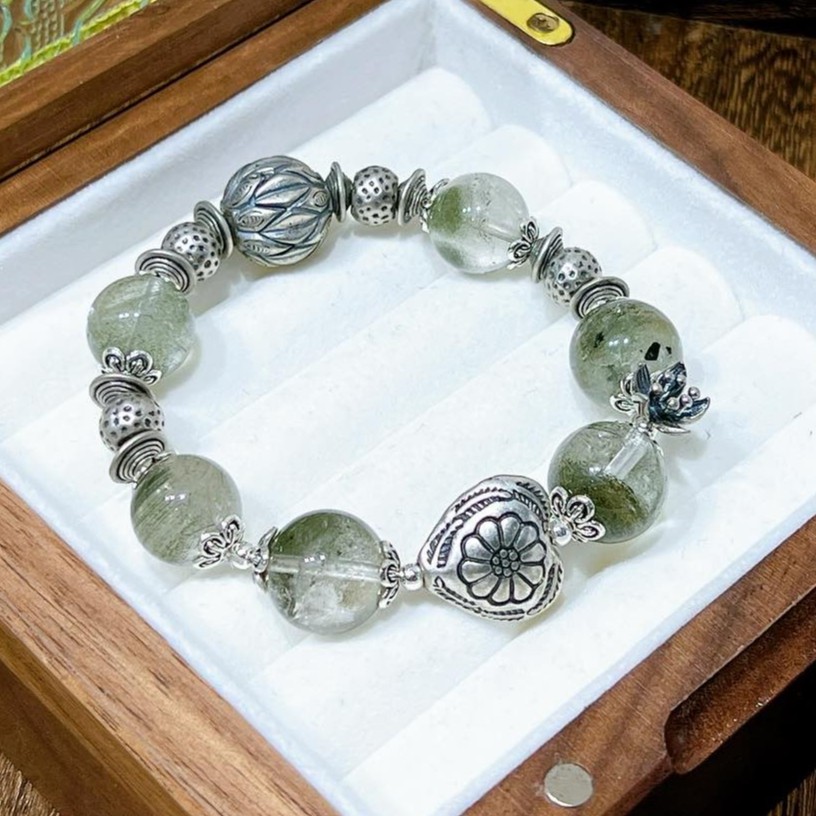 13mm Natural Brazilian green phantom quartz crystal S925 silver HandmadeBracelet