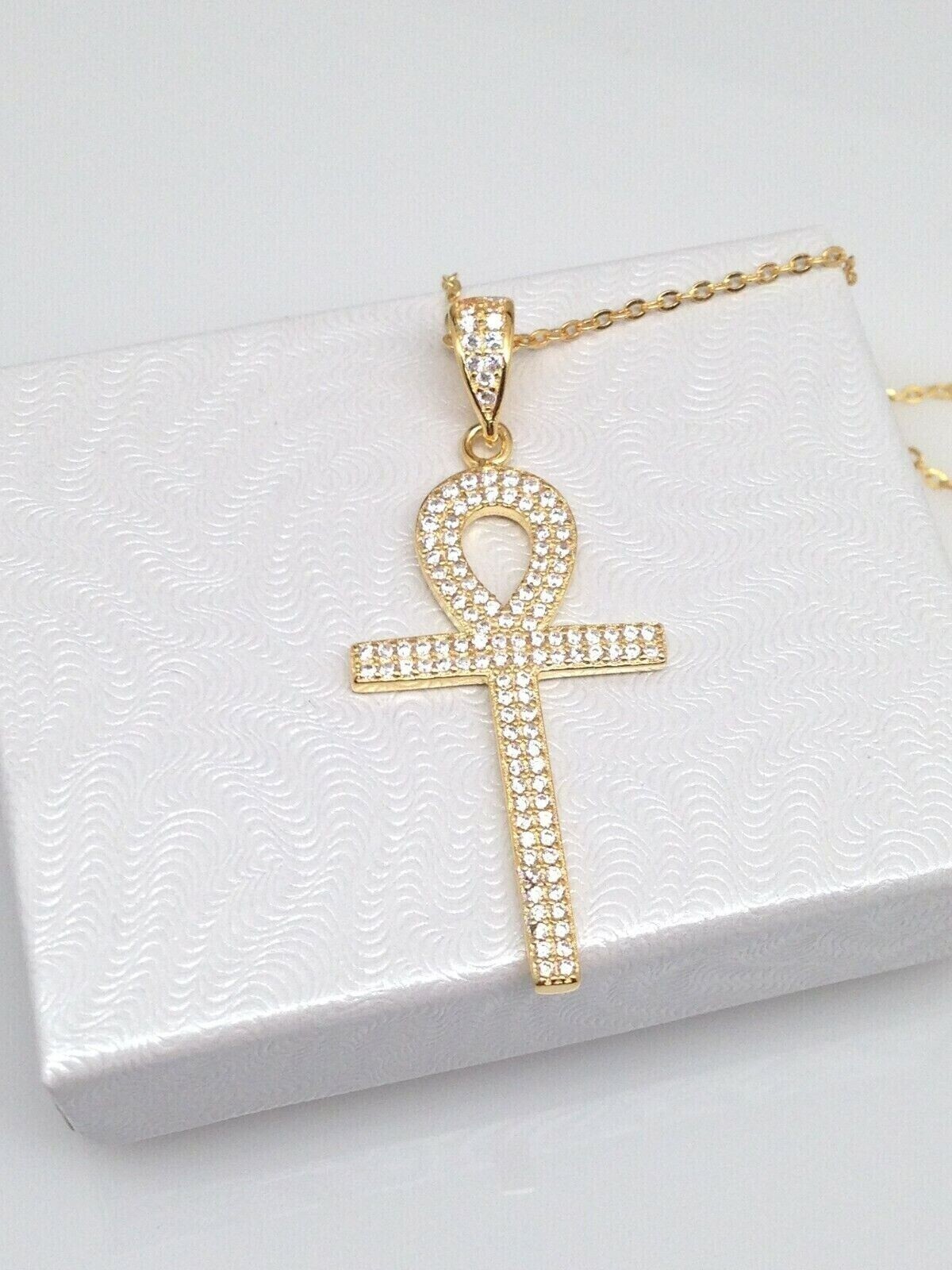 925 Sterling Silver CZ Ankh Cross Pendant Necklace Gold Women 30mm/1.18″ 19.75″