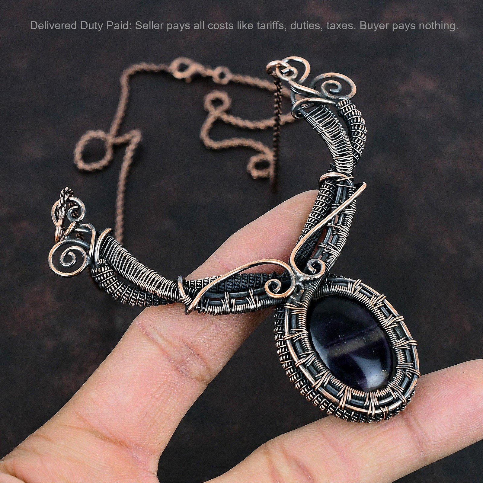 Oval Multi Fluorite Stone Wire Wrapped Artisan Chain Birthday Necklace Copper