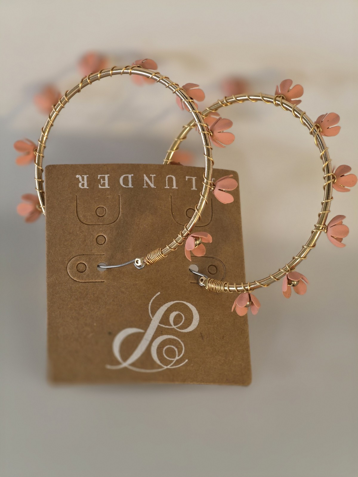 Plunder Gold Tone Pink Flower Round Hoop Hook Earrings for Lobe Metal No Stone