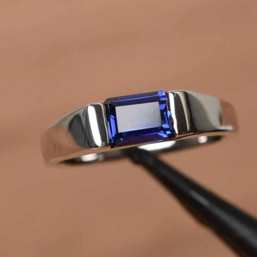 Emerald Cut Created Sapphire Half Bezel Set Minimalist Ring 925 Sterling Silver